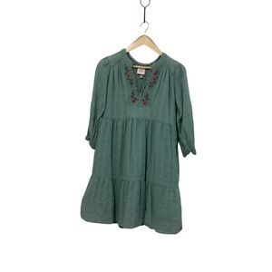 Knox Rose Tiered Dress Womens Medium Sage Green Floral Embroidered Boho Peasant